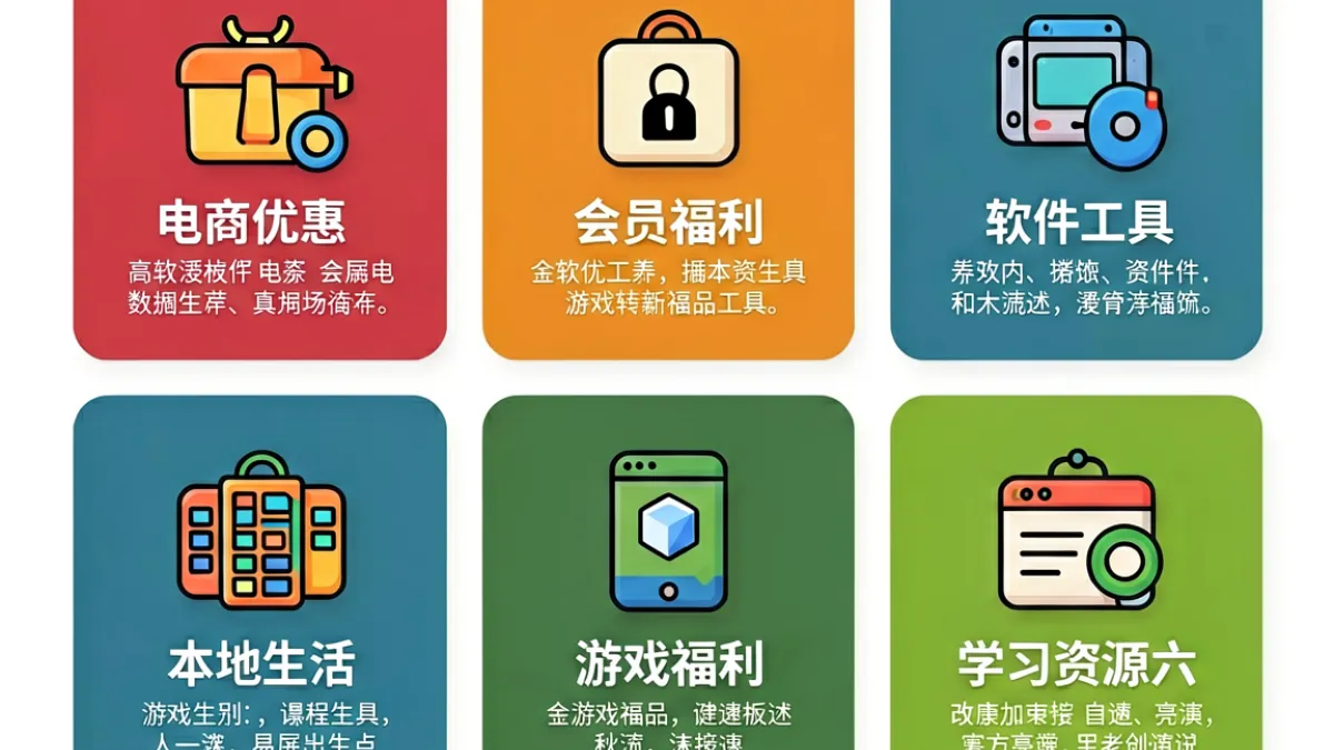 福利导航大全中福利分类示意图，展示电商、会员、软件、本地生活等六大类目的层级结构